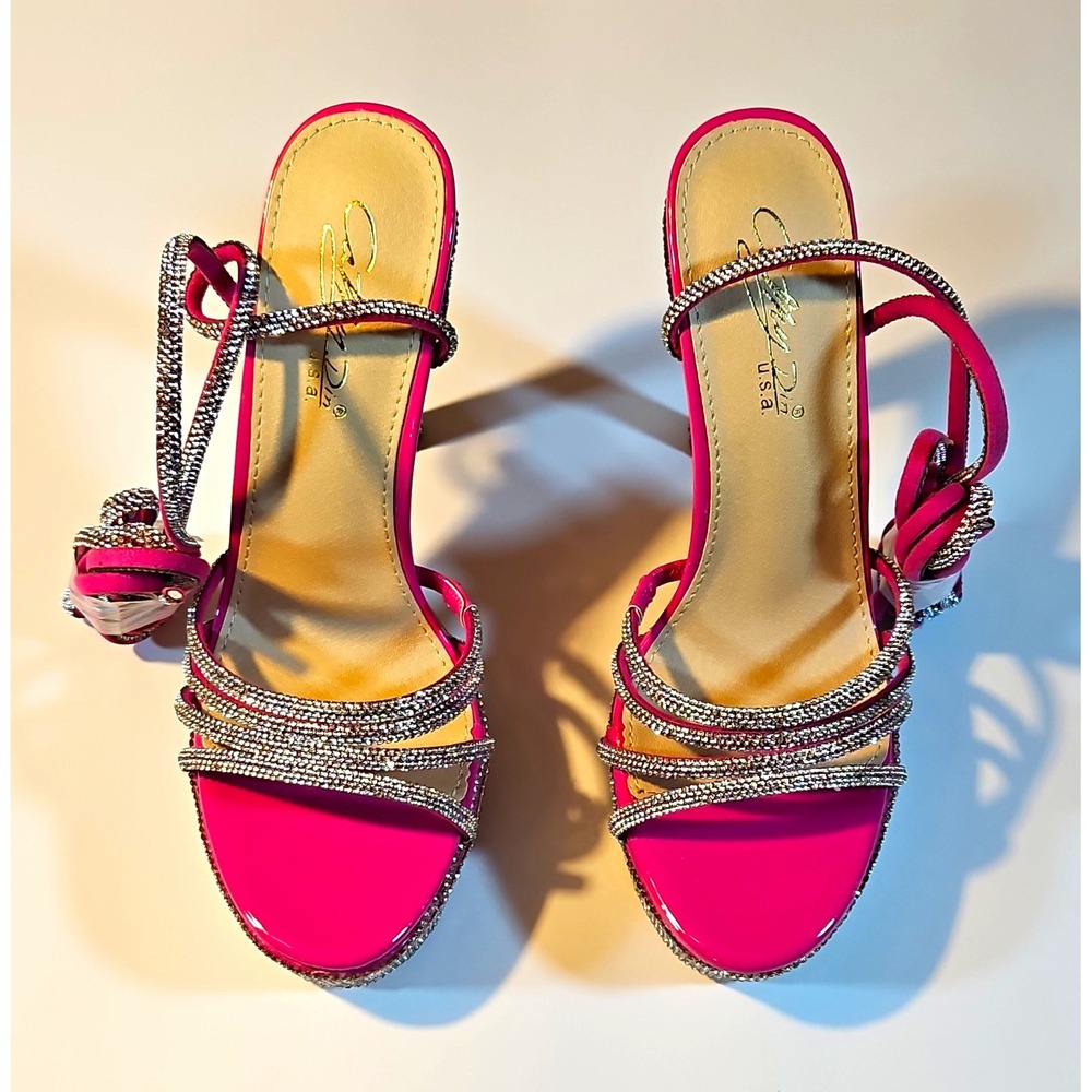 Cathy Din Hot Pink Synthetic Strappy Platform Rhinestone Open Toe Buckle 9